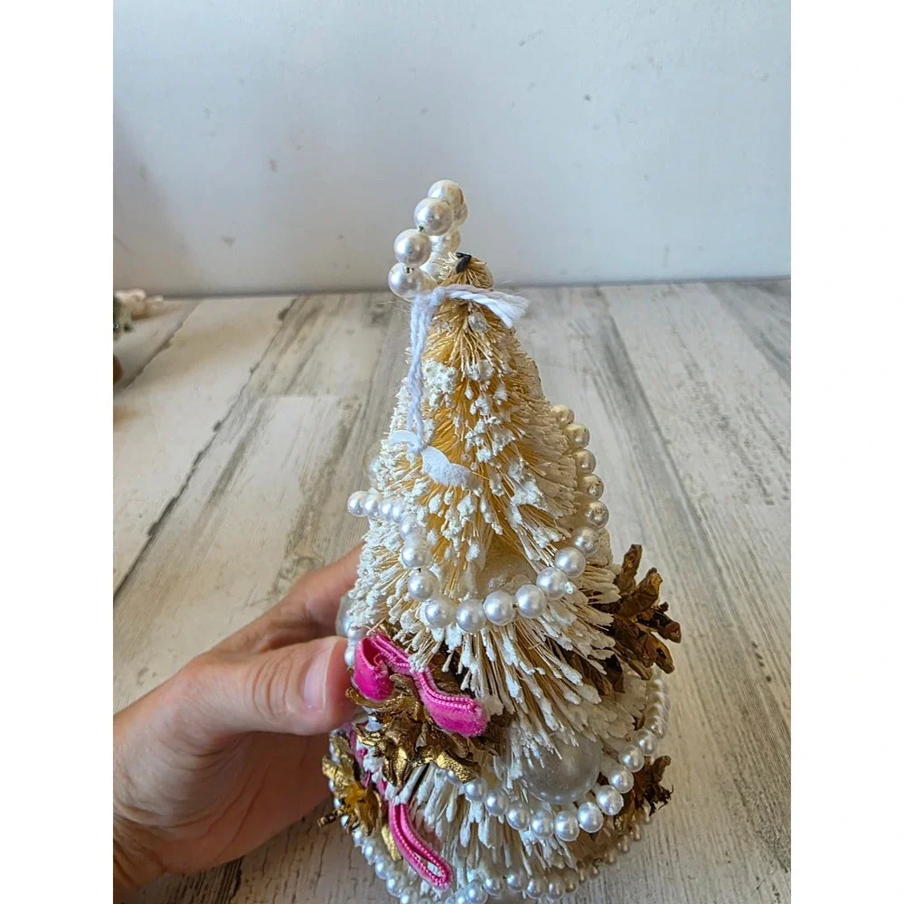 Antique pinecone gold mini bottle brush tree felt beaded pearls Xmas decor